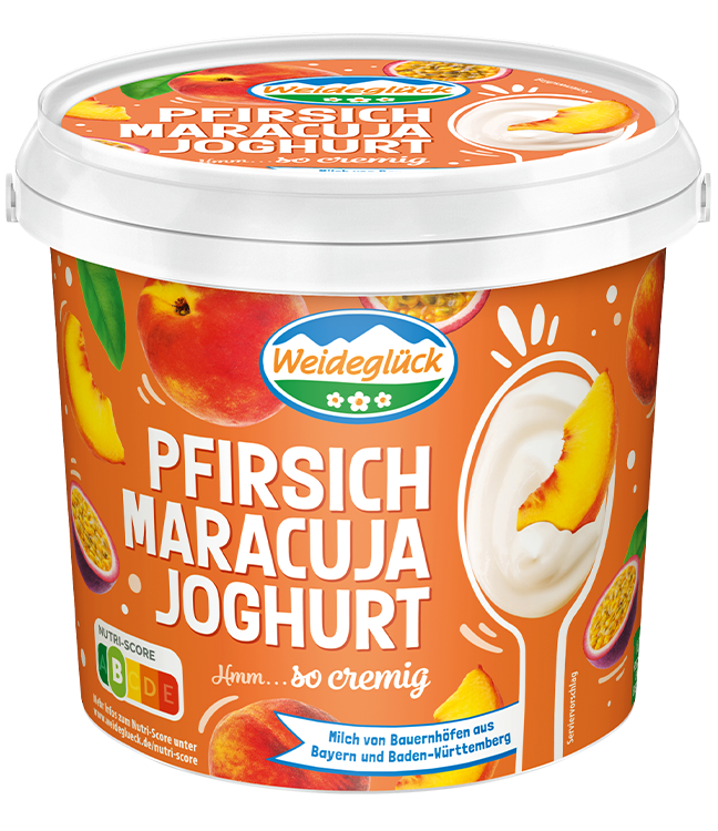 Packshot Weideglück Fruchtjoghurt Pfirsich Maracuja 1000g 1kg Becher
