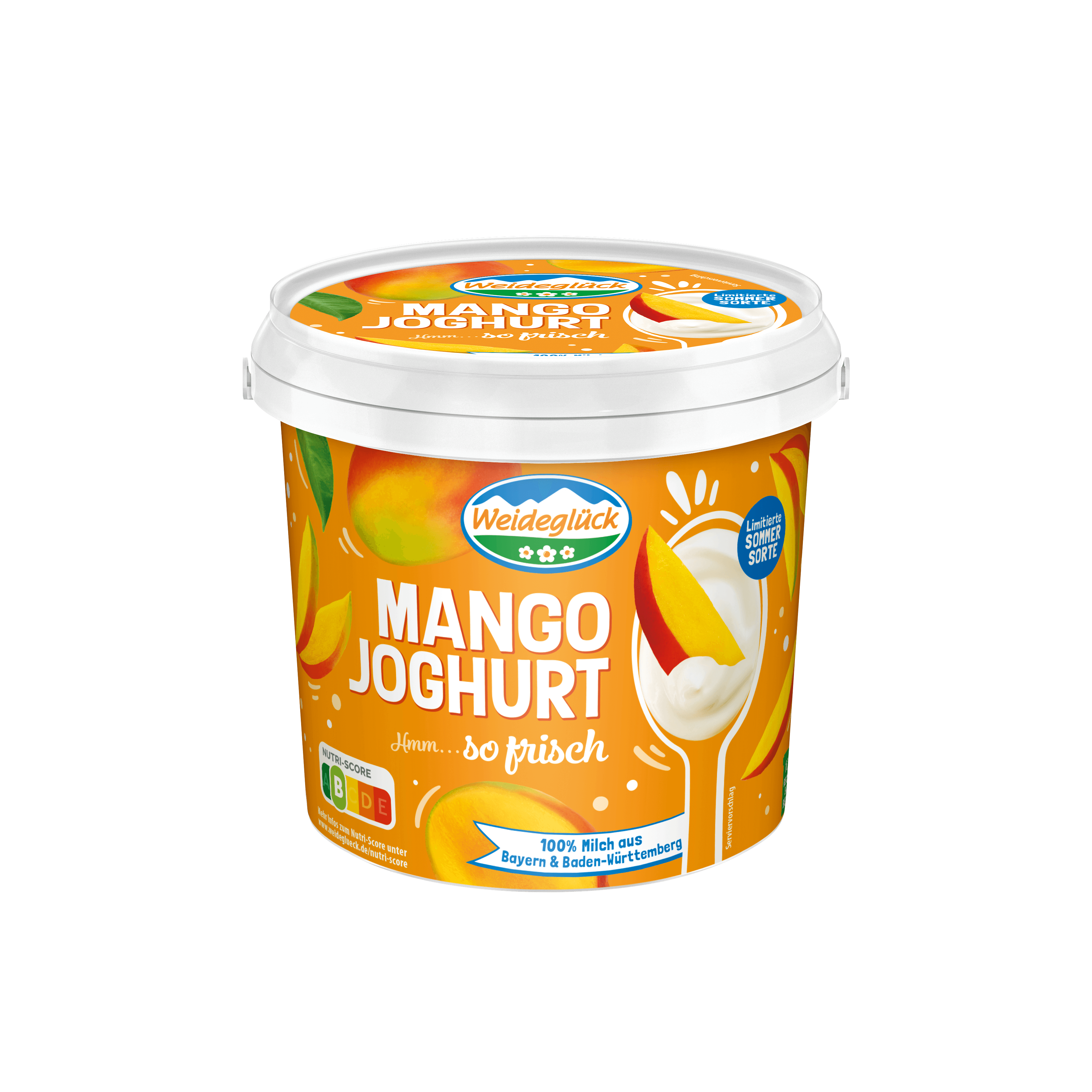 Packshot Weideglück Sommersorte Fruchtjoghurt Mango 1000g 1kg Becher