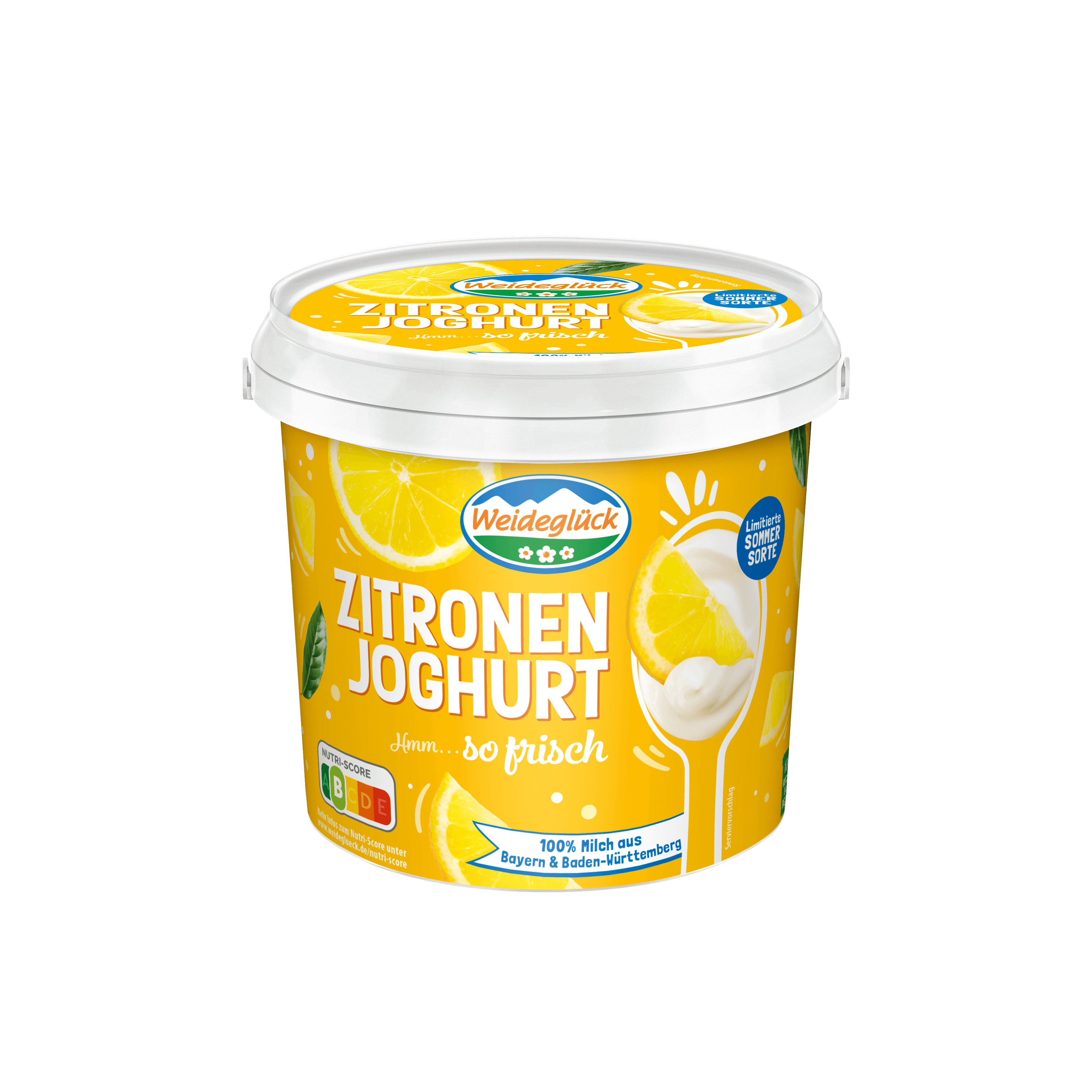 Packshot Weideglück Sommersorte Fruchtjoghurt Zitrone 1000g 1kg Becher