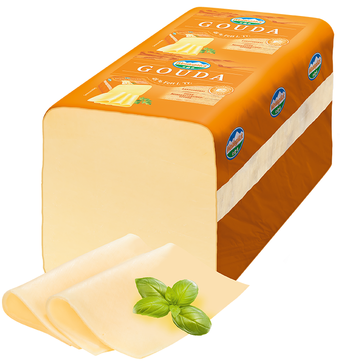 Packshot Weideglück Käse an der Theke Gouda 48 Prozent Fett i. Tr. 3 bis 3,2 kg Eurobrot
