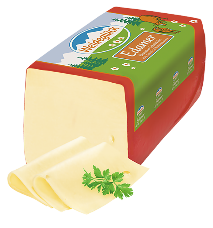 Packshot Weideglück Käse an der Theke Edamer 40 Prozent Fett i. Tr.
