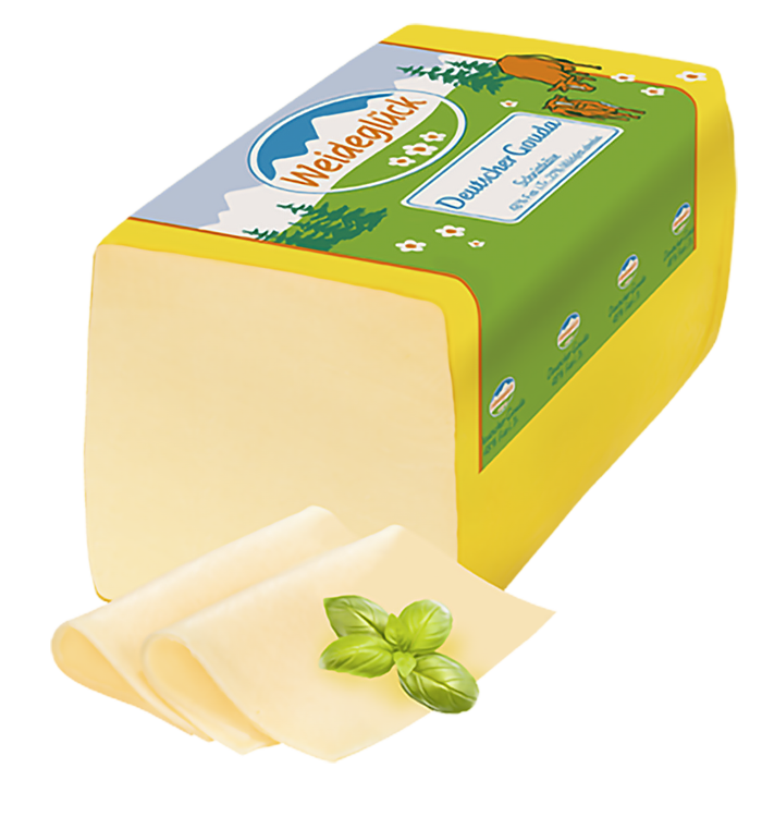 Packshot Weideglück Käse an der Theke Gouda 48 Prozent Fett i. Tr.