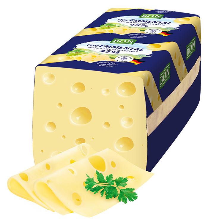 Packshot Weideglück Käse im Ausland Bon Emmentaler 45 Prozent Fett i. Tr. Eurobrot