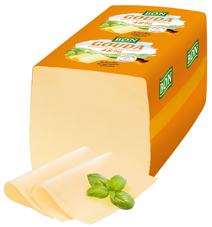 Packshot Weideglück Käse im Ausland Bon Gouda 48 Prozent Fett i. Tr. Eurobrot