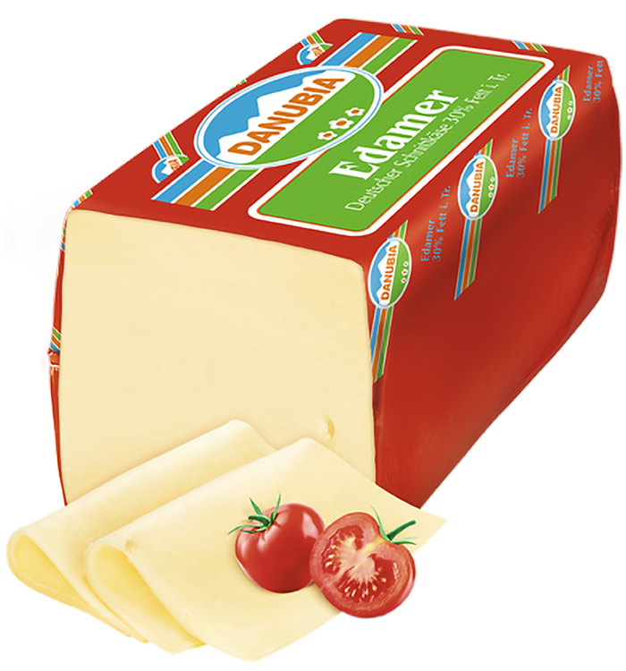 Packshot Weideglück Käse im Ausland Danubia Edamer 30 Prozent Fett i. Tr.