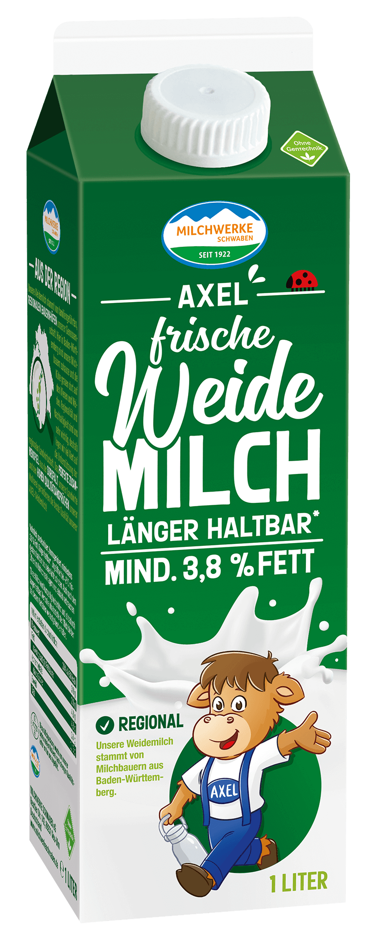 Packshot Weideglück Axel Weidemilch frische Weidemilch 3,8 Prozent Fett länger haltbar 1 Liter